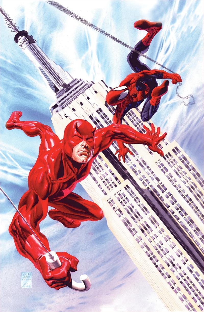Daredevil and Spider-Man swinging in New York in Marvel Comics