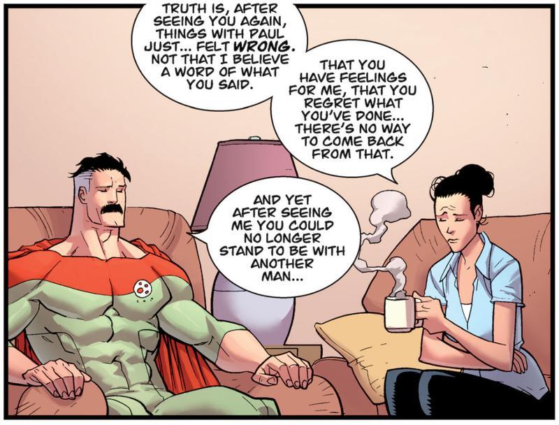 Panel from Invincible showing Nolan sitting across from Debbie as she tells him how she broke up with Paul.