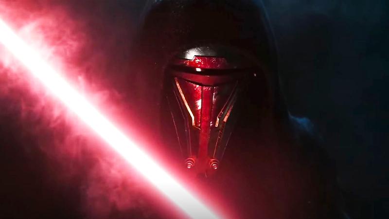Darth Revan holding a red lightsaber up to his face in Knights of the Old Republic