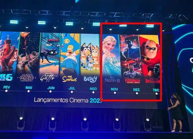 Disney slate from Brazil event with posters for Ice Age 6, Starfighter, Gatto, The Simpsons, Bluey, Frozen 3, Avengers: Secret Wars, Incredibles 3