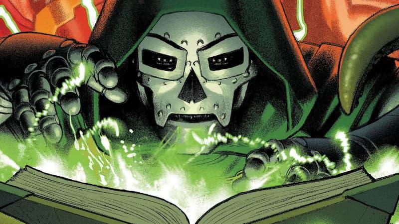 Doctor Doom using the Darkhold in Marvel Comics.