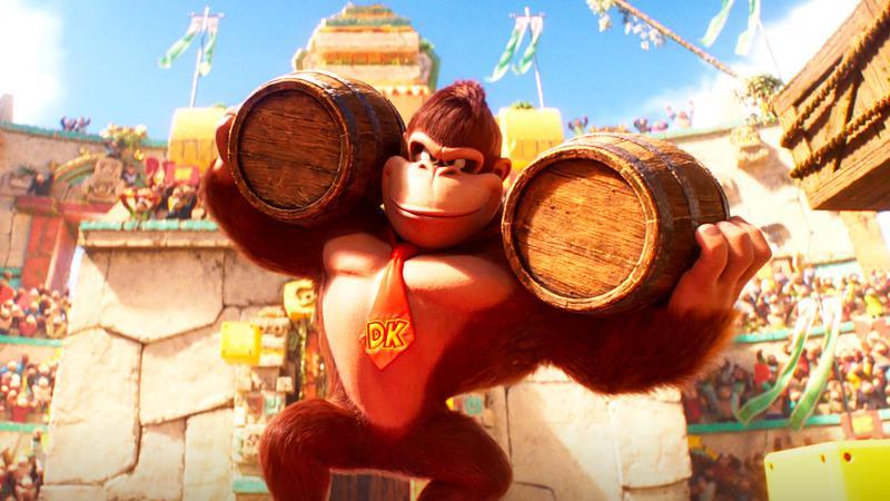 Donkey Kong holding two barrels in The Super Mario Bros. Movie