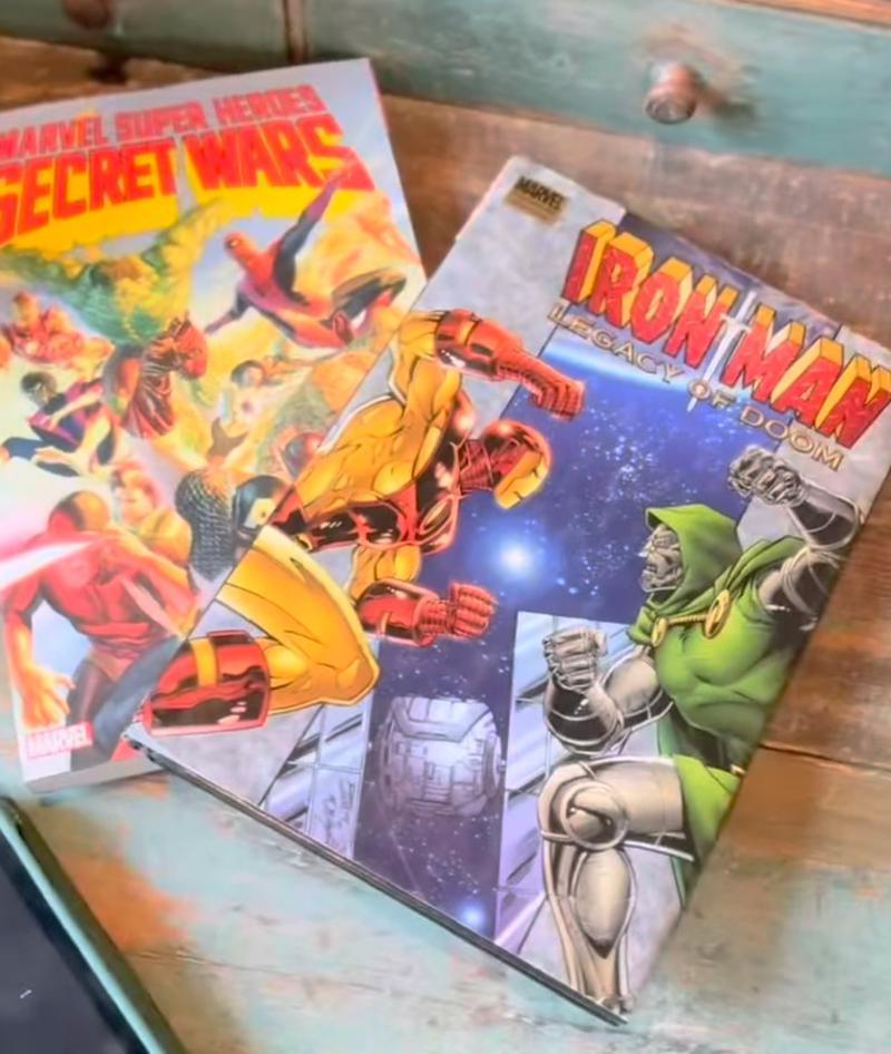 Marvel Super Heroes: Secret Wars comic and Iron Man: Legacy of Doom comic from Instagram video from Robert Downey Jr.
