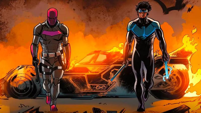 Jason Todd and Dick Grayson walking away from the Batmobile in DC Comics