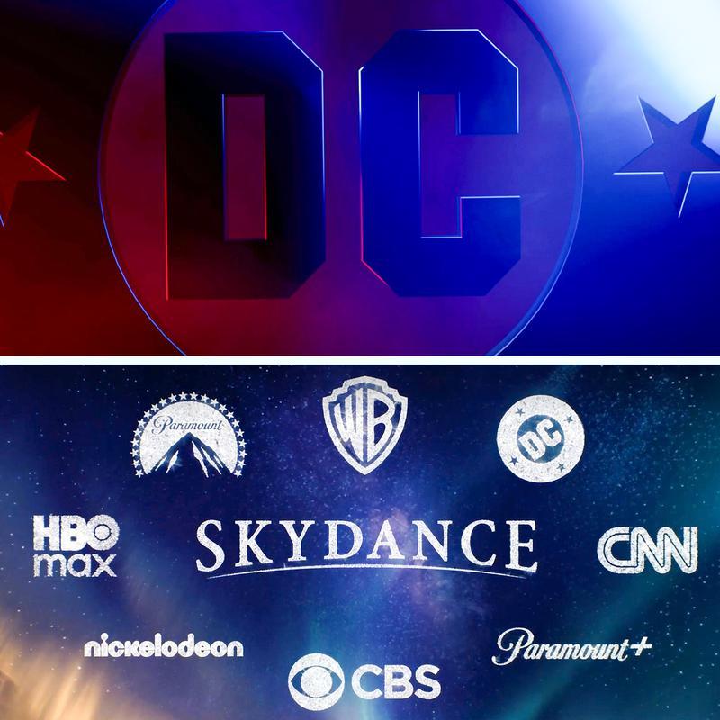 Skydance announcement sizzle reel, DC logo and brand logos.