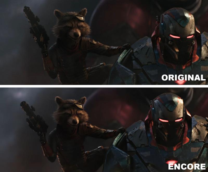 Avengers Endgame vs Avengers Endgame Encore, Rocket on War Machine.