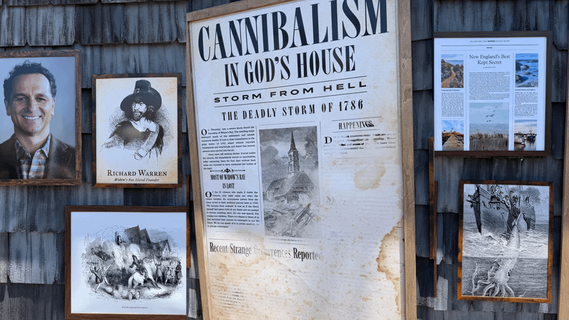 Widow's Bay newspaper clippings and photo wall at Comic-Con offsite.