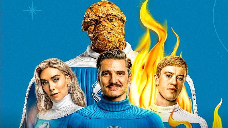 Vanessa Kirby as Sue Storm, Ebon Moss-Bachrach as The Thing, Pedro Pascal as Reed Richards, and Joseph Quinn and Johnny Storm all standing together in The Fantastic Four: First Steps