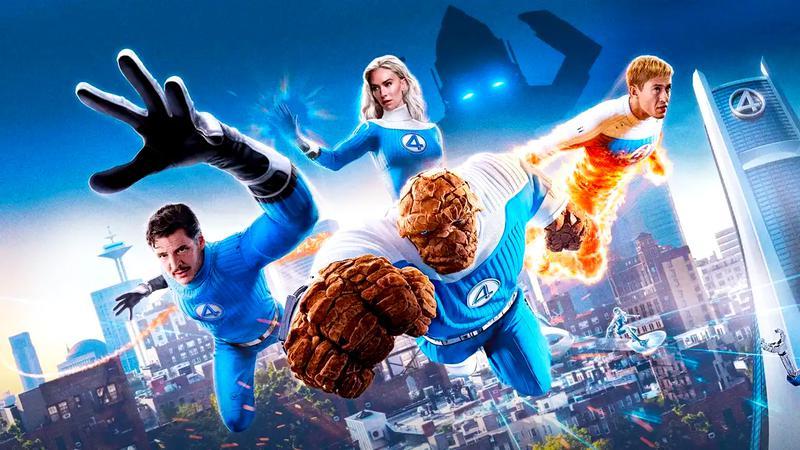 The cast of Fantastic Four jumping toward the camera in The Fantastic Four: First Steps