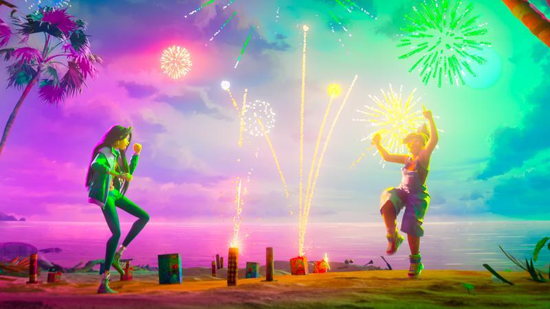 Jo and Raissa under fireworks in Forgotten Island.