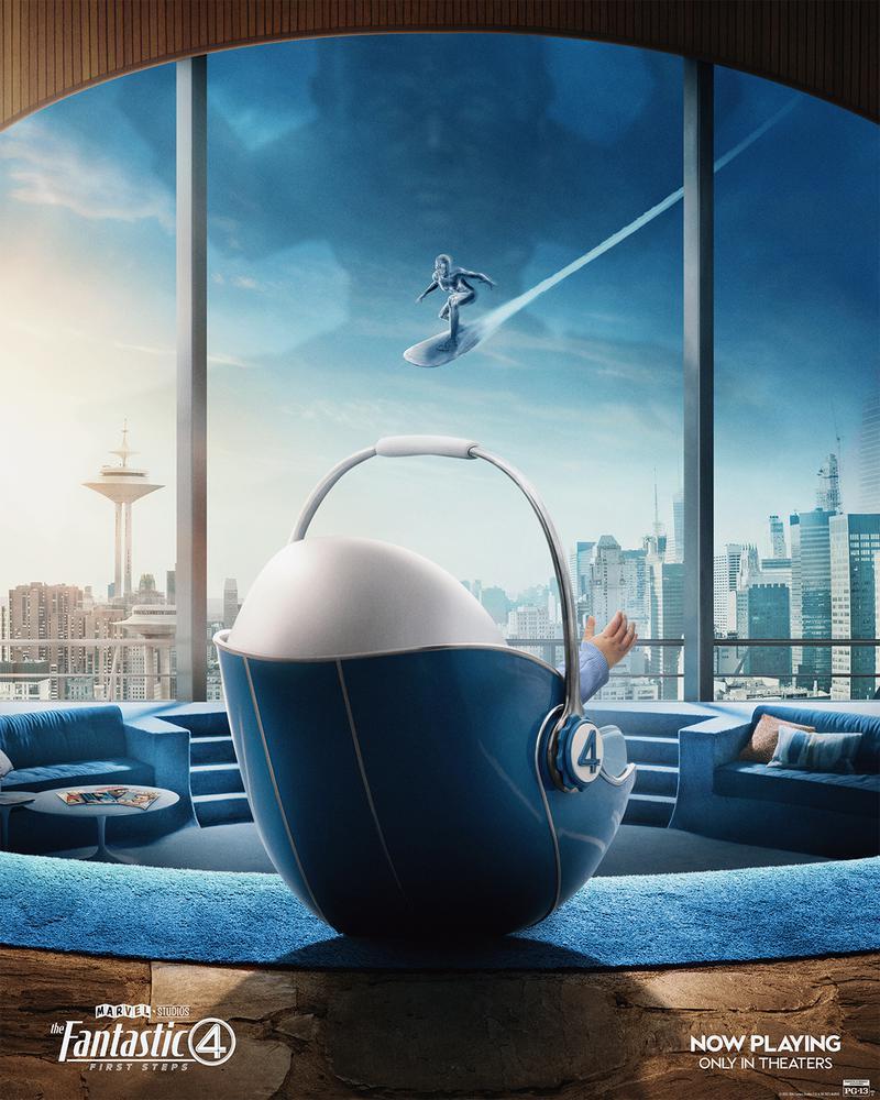 The Fantastic Four: First Steps poster showing baby carriage, Silver Surfer, and Galactus in the New York skyline