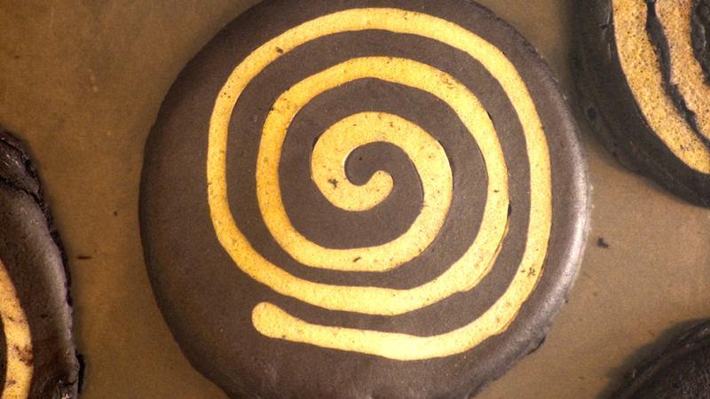 A black and white pancake in Flapjax.