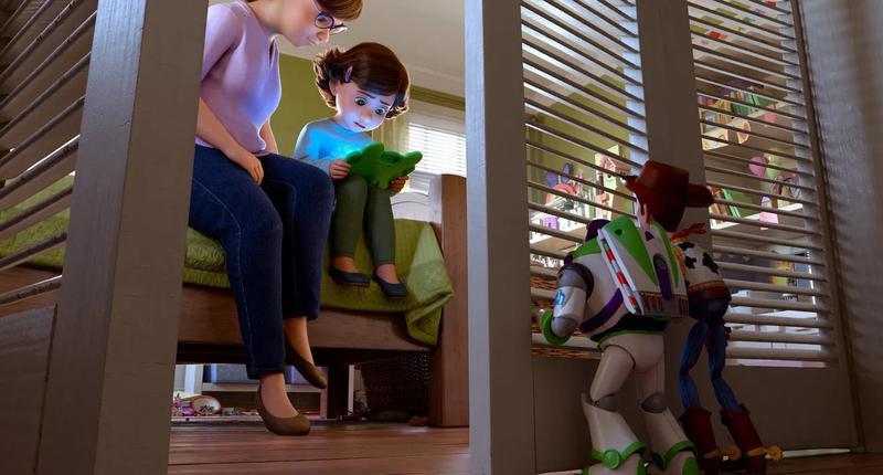 Bonnie on a tablet in her room with Woody and Buzz looking at her from a closet in Toy Story 5