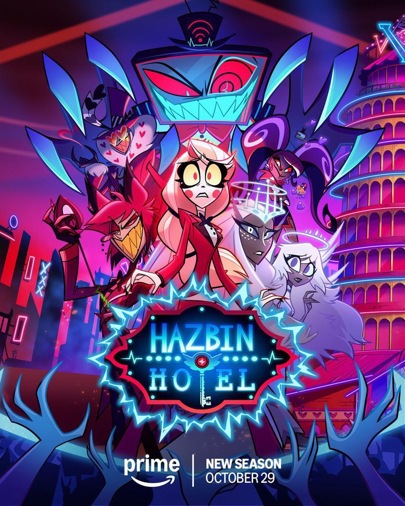 Hazbin Hotel Season 2 poster featuring the Vees looking over several citizens of Hell