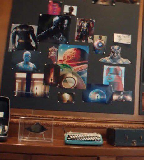 The Avengers characters on a poster board in Wonder Man