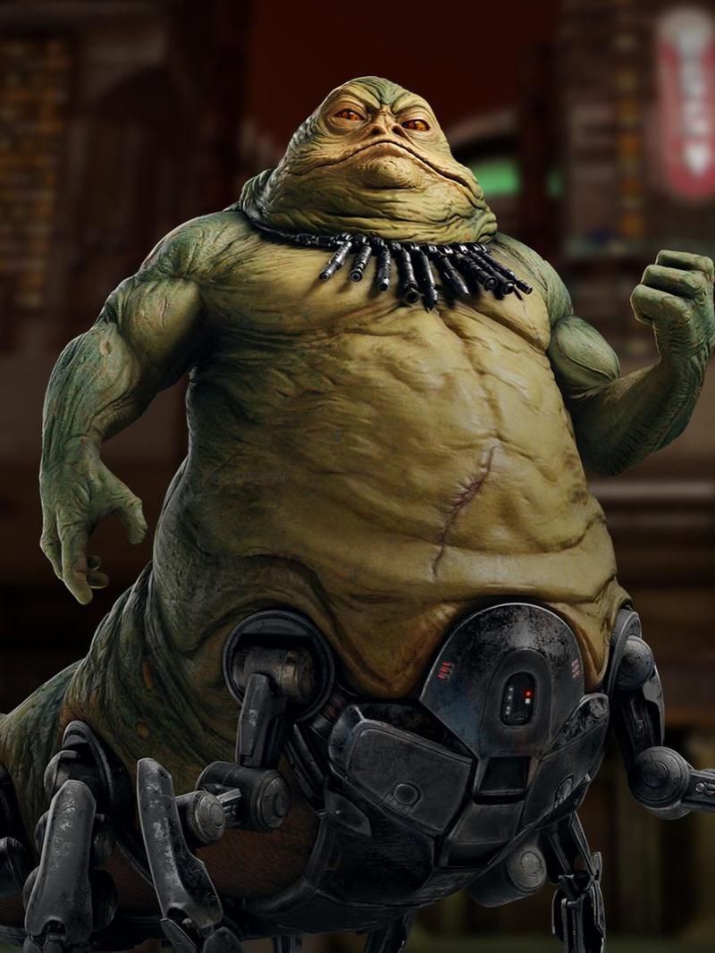 Grakkus the Hutt with a necklace of lightsabers around his neck