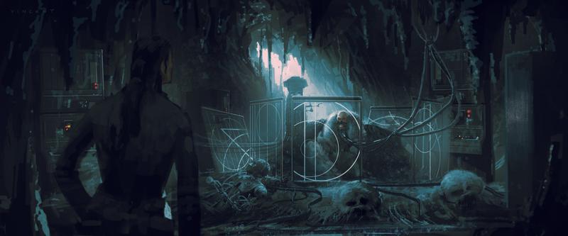 A concept piece of Saw Gerrera sitting in a dim cave hooked up to a breathing apparatus in Rogue One