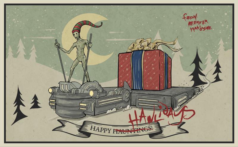 Mr. Handsome on a sleigh in the DC Studios holiday card