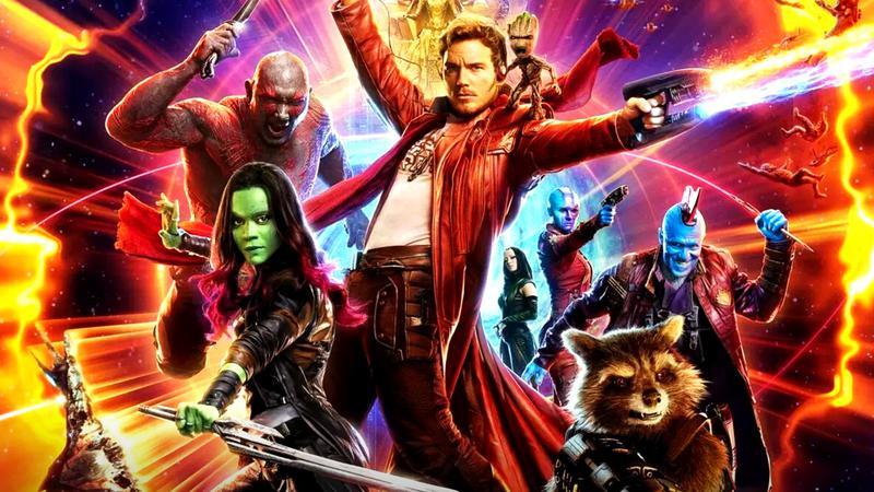The Gaurdians of the Galaxy team posing on the Guardians of the Galaxy Vol. 2 poster