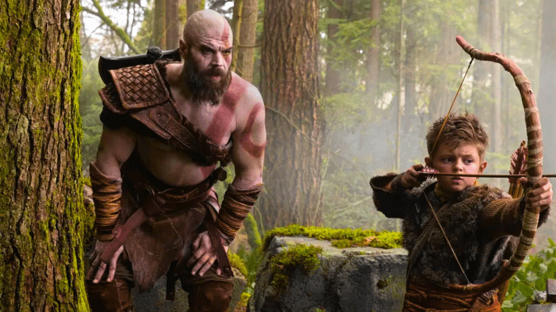 Ryan Hurst as Kratos and Callum Vinson as Atreus in Prime Video's God of War.