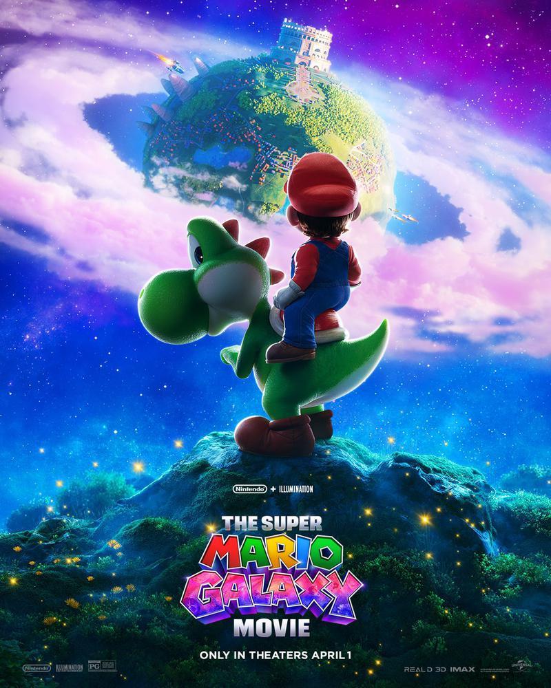 Mario sitting on Yoshi looking at a planet in the distance in The Super Mario Galaxy Movie.