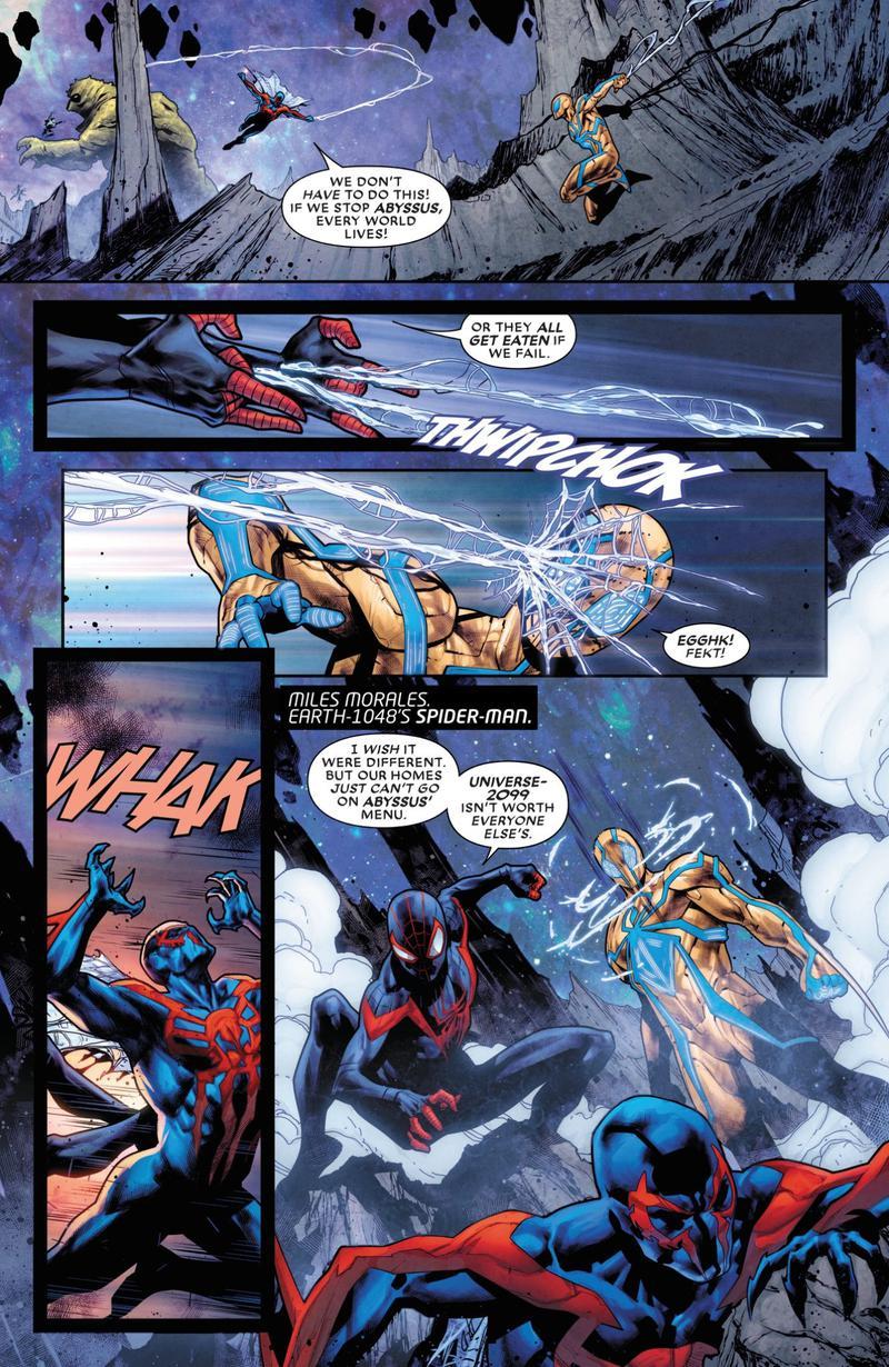 Spider-Man 2099 and Miles Morales fighting in The End 2099.