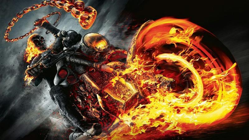 Ghost Rider: Spirit of Vengeance featuring Ghost Rider on a flaming motorcycle