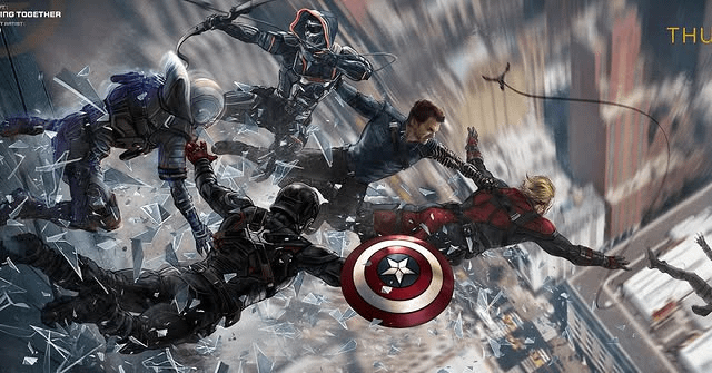 Aleksi Briclot Thunderbolts movie concept art featuring the team diving out a window and reaching for Florence Pugh's Yelena Belova