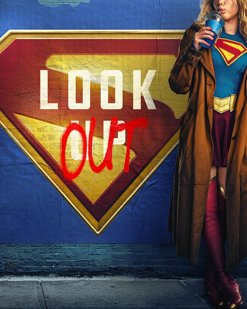 Supergirl promotional image with Milly Alcock as Supergirl sipping on a drink next to the phrase