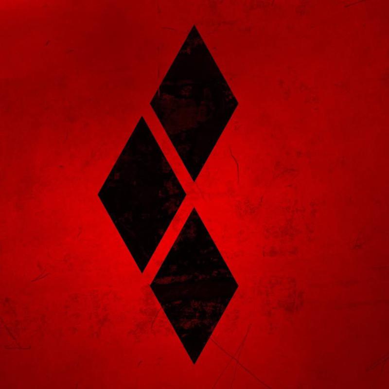 Harley Quinn's new logo on a dark red background