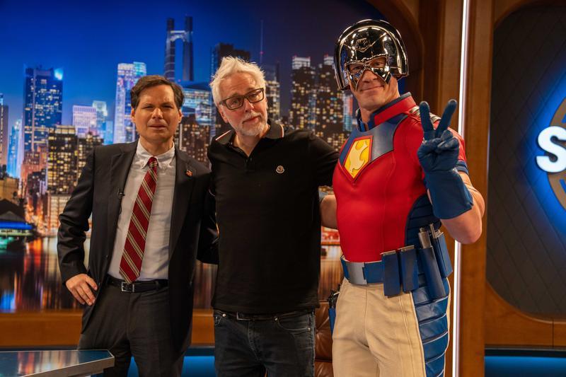 James Gunn and Peacemaker together on the set of Superman movie