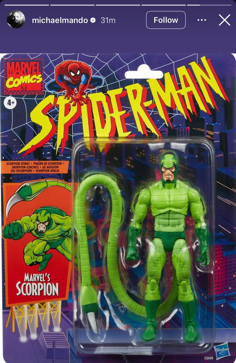 Michael Mando's Instagram story of a Spider-Man Scorpion action figure