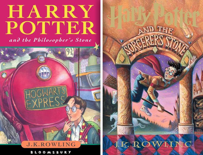 Harry Potter and the Philosopher's Stone UK vs US cover.