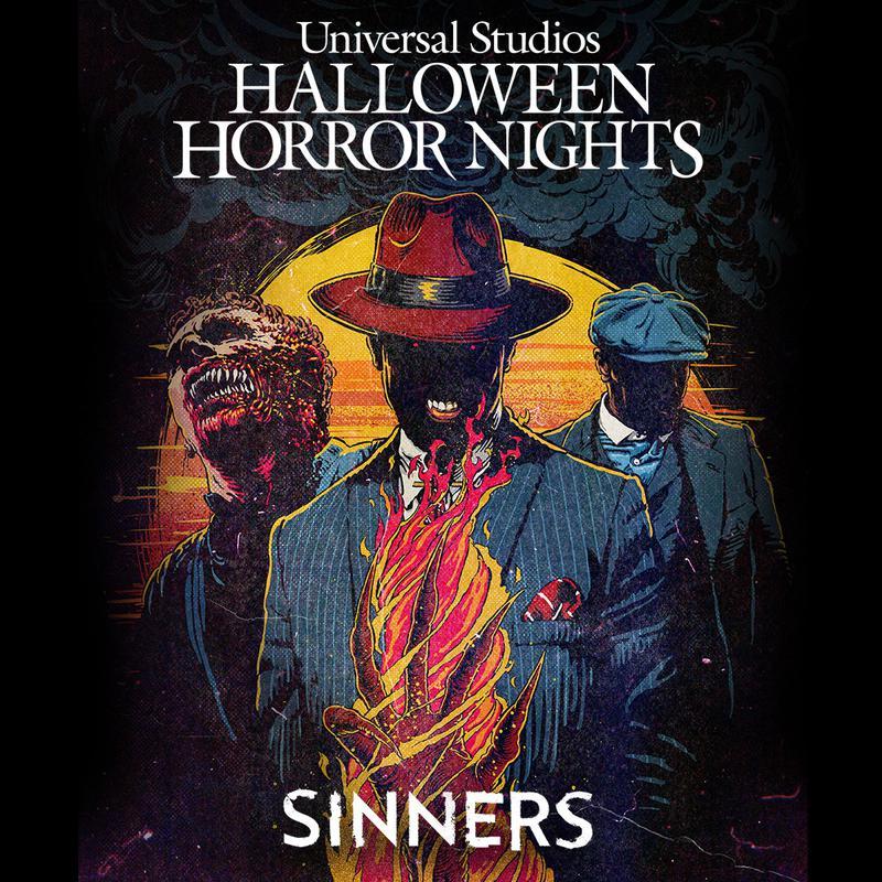 'Universal Studios Halloween Horror Nights Sinners' text and promotional poster.