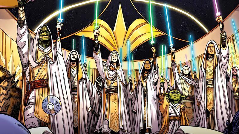 Dozens of Jedi holding their lightsabers to the sky in The High Republic