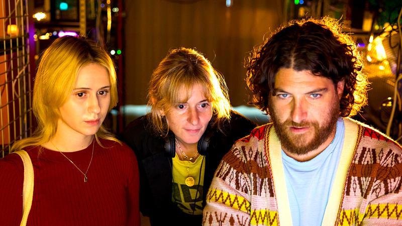 Maria Bakalova and Adam Pally on the set of O Horizon.