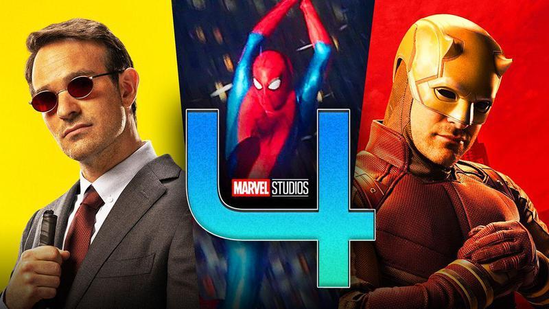 Charlie Cox as Matt Murdock and Daredevil, with a screenshot of Spider-Man between them, and a large, blue number four