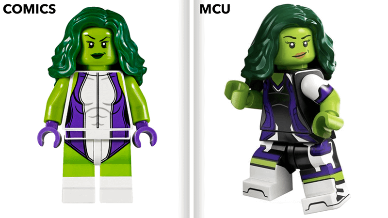 LEGO MCU She-Hulk minifigure compared with LEGO comic She-Hulk minifigure