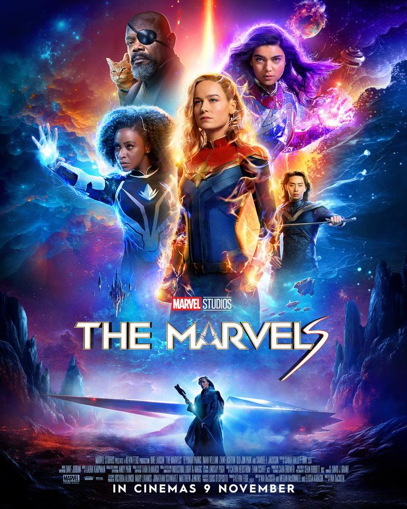 Captain Marvel, Monica Rambeau, Ms. Marvel, Nick Fury and others  on a poster for The Marvels