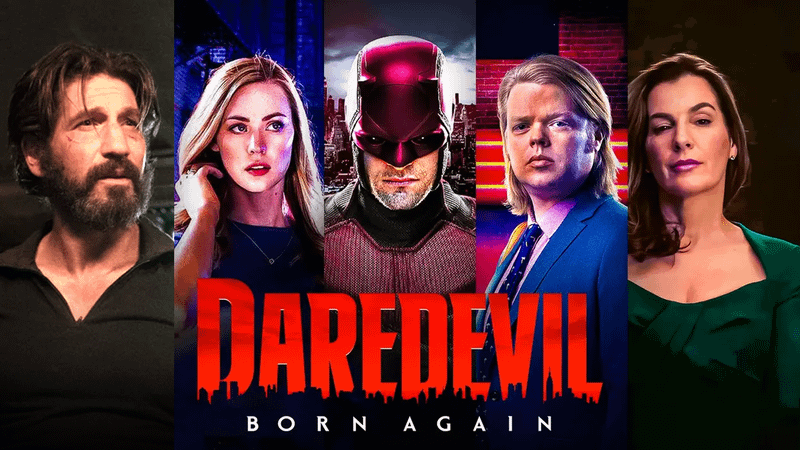 The cast of Daredevil: Born Again above the show's logo