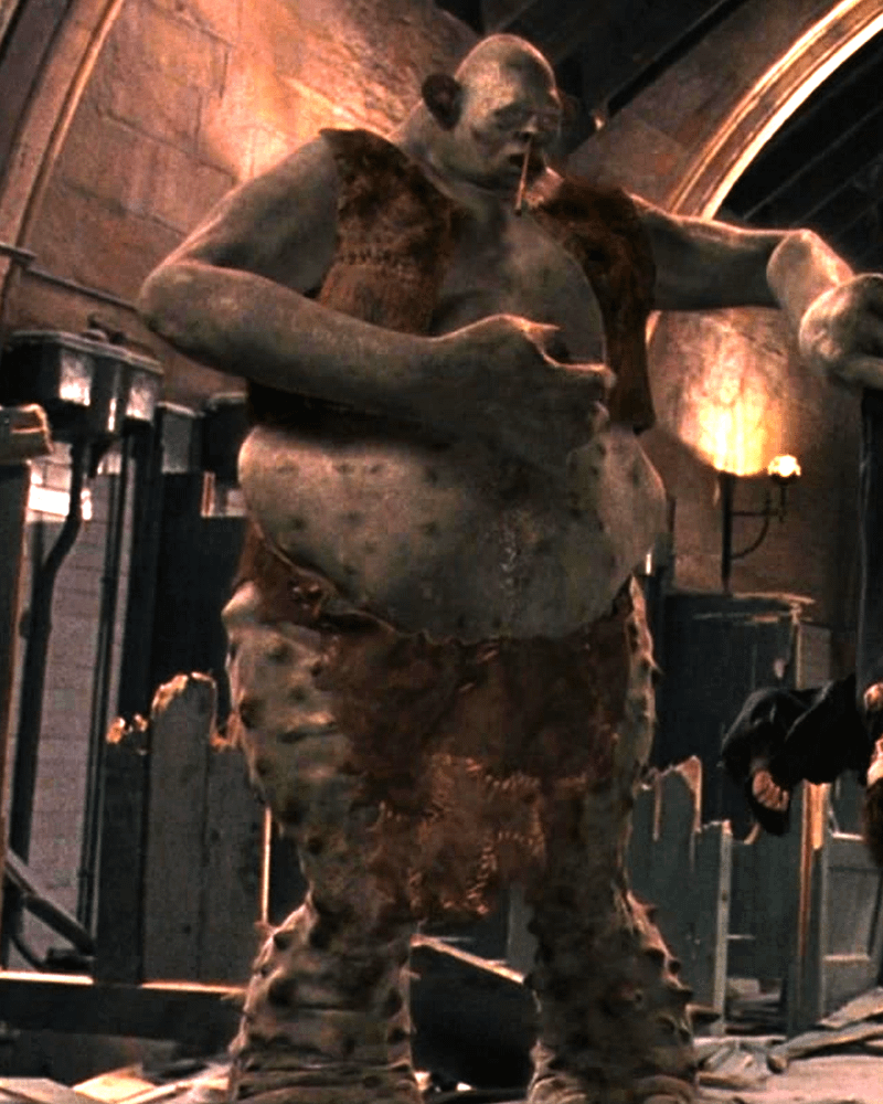 Harry Potter and the Philosopher's Stone troll, wand in nose holding Harry.