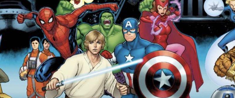 Luke Skywalker and Captain America surrounded by other heroes in Marvel Comics.by 