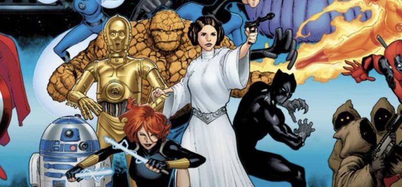 Leia Organna and Black Widow surrounded by other heroes in Marvel Comics.