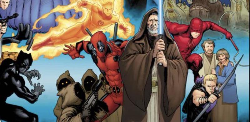 Obi-Wan Kenobi and Hawkeye surrounded by other heroes in Marvel Comics.