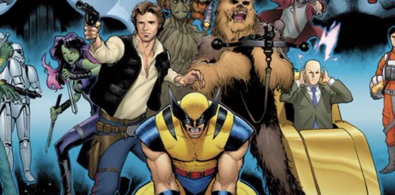 Han Solo and Wolverine surrounded by other heroes in Marvel Comics.