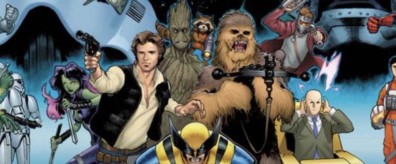 Chewbacca and Groot surrounded by other heroes in Marvel Comics.