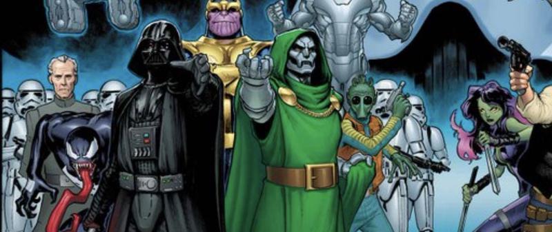 Darth Vader and doctor Doom surrounded by other villains in Marvel Comics.