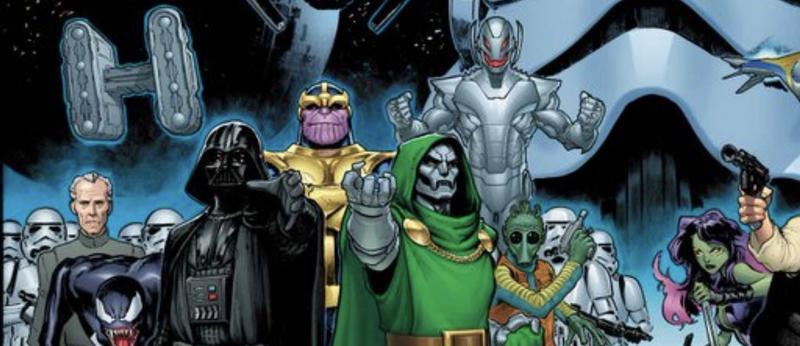 Grand Moff Tarkin and Ultron surrounded by other villains in Marvel Comics.
