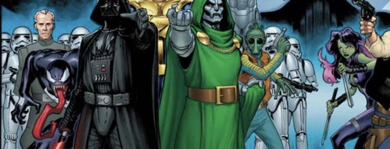 Greedo and Venom surrounded by other villains in Marvel Comics.