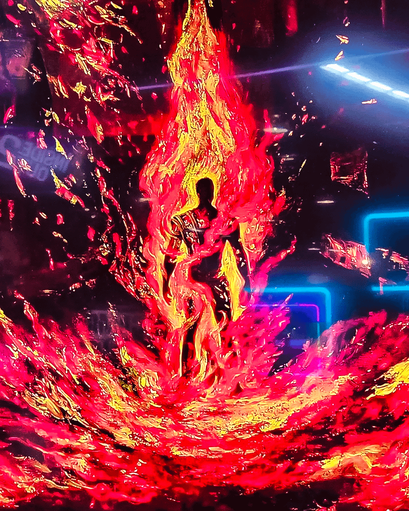 Jim Hammond on fire in VisionQuest art.